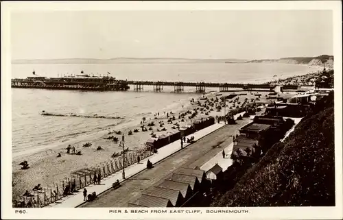 Ak Bournemouth Dorset England, Pier and Beach from East Cliff