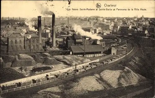 Ak Charleroi Wallonien Hennegau, Les fosses Sacre Madame et Ste Barbe et panorama de la ville haute