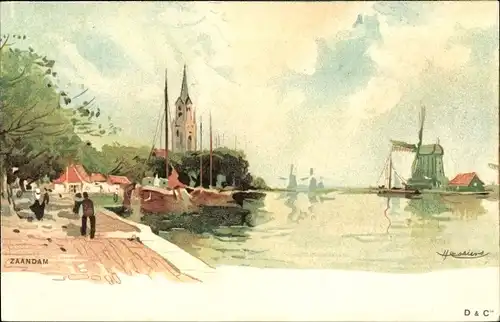 Künstler Ak Cassier, H., Zaandam Südholland, Windmühle, Kirchturm, Boote