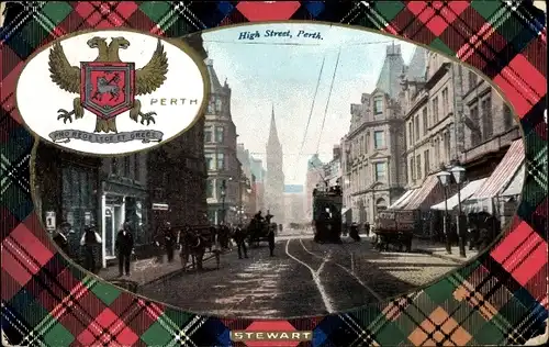Passepartout Ak Perth Schottland, High Street, Wappen, Tartan Stewart