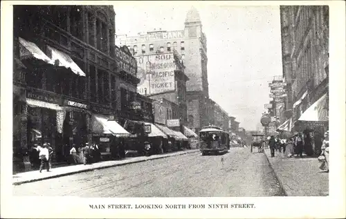 Ak Kansas City Missouri USA, Main Street, looking North from Ninth Street, Straßenbahn