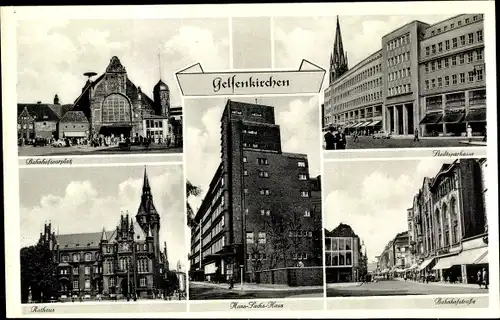Ak Gelsenkirchen im Ruhrgebiet, Bahnhofstraße, Hans Sachs-Haus, Bahnhofsvorplatz, Rathaus