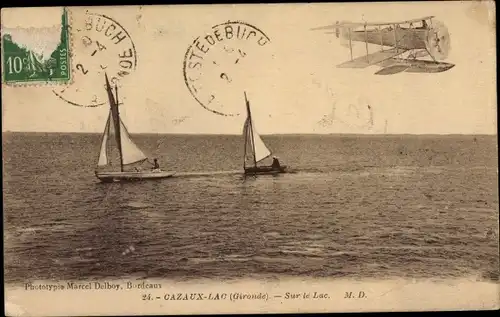 Ak Cazaux Gironde, Sur le Lac, See, Segelboote, Doppeldecker