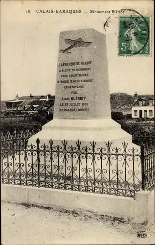 Ak Calais Pas de Calais, Calais-Baraques, Monument Bleriot, Fliegerdenkmal