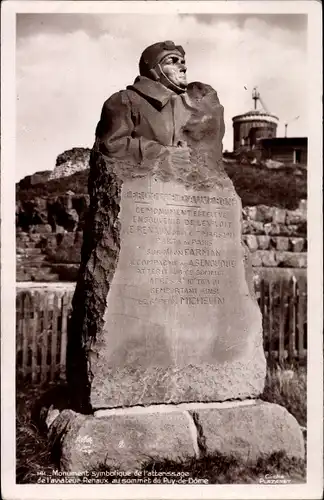 Ak Puy-de-Dome, Monument symbolique de l'atterisage de l'aviateur Renaux, Denkmal, Berggipfel