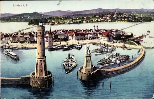 Ak Lindau in Bodensee Schwaben, Hafenansicht, Schiffe, Turm, Alpen