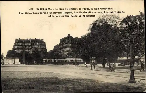 Ak Paris XIV Observatoire, Le Lion de Belfort, la Place, la Rue Froideveau, Rue Victor-Considerant