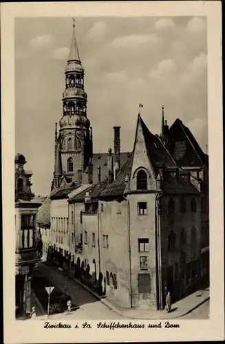 Ak Zwickau in Sachsen, Blick auf das Schiffchenhaus und den Dom, Straßenpartie