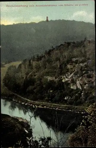 Ak Rochlitz an der Mulde, Rochlitzerberg mit Aussichtsturm vom Silbertal aus, Fluss, Felsen