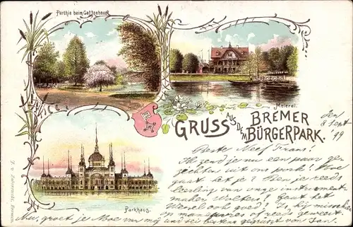 Litho Hansestadt Bremen, Parkhaus im Bürgerpark, Meierei, Wappen