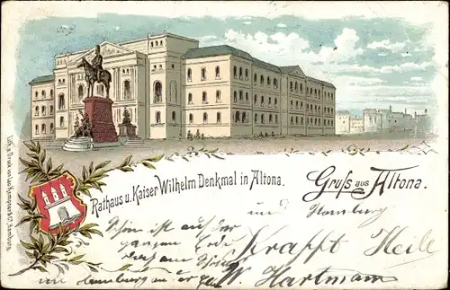 Litho Hamburg Altona, Rathaus und Kaiser Wilhelm Denkmal, Wappen