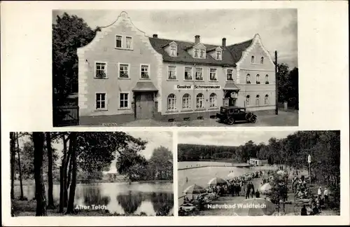 Ak Schmannewitz Dahlen im Kreis Nordsachsen, Gasthof und Pensionshaus, Waldteich, Naturbad