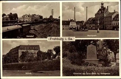 Ak Frohburg in Sachsen, Bahnhof, Marktplatz, Schloss, Ehrenmal eines Ermordeten