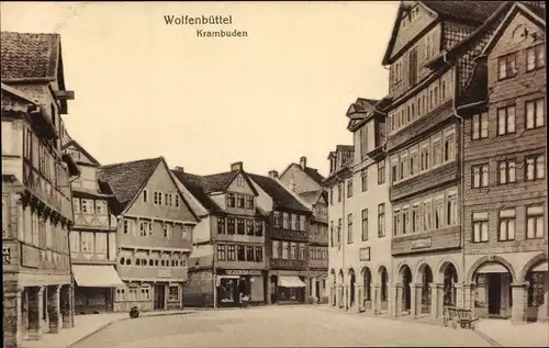 Ak Wolfenbüttel in Niedersachsen, Krambuden, Einkaufsstraße