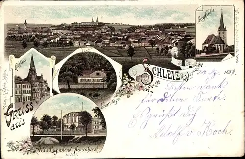 Litho Schleiz im Vogtland Thüringen, Ortsblick, Rathaus, Bergkirche, Villa Luginsland Heinrichsruh