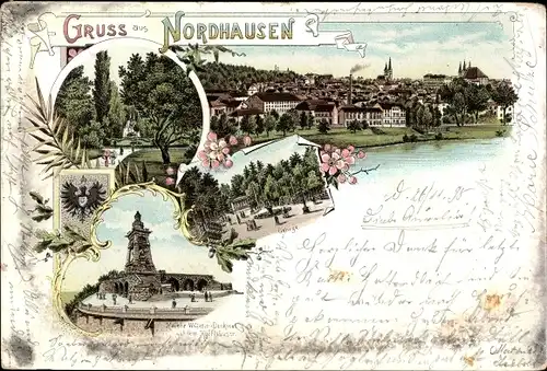 Litho Nordhausen am Harz, Panorama, Kaiser Wilhelm Denkmal, Gebirge, Wappen