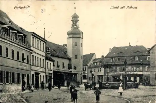 Ak Gerbstedt im Kreis Mansfeld Südharz, Markt mit Rathaus, Geschäft Krüger