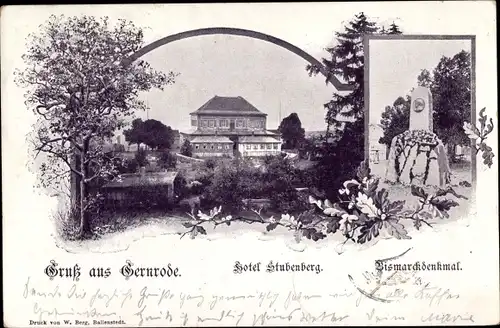 Ak Gernrode Quedlinburg im Harz, Hotel Stubenberg, Bismarckdenkmal