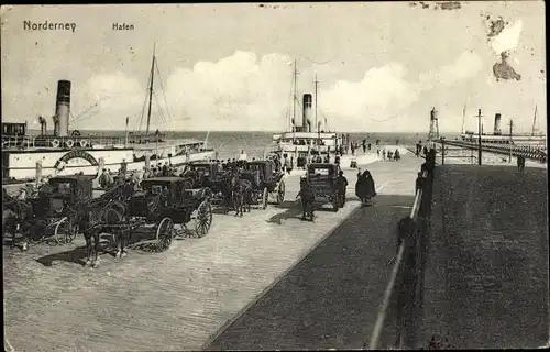 Ak Nordseebad Norderney Ostfriesland, Kutschen am Hafen, Dampfer