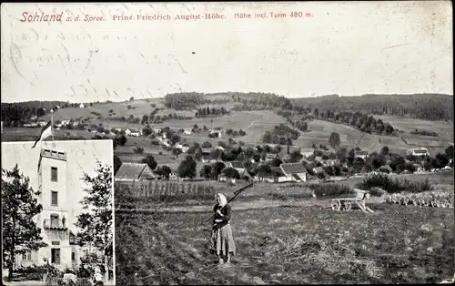 Ak Sohland an der Spree Sachsen, Prinz Friedrich August Höhe, Bäuerin, Turm