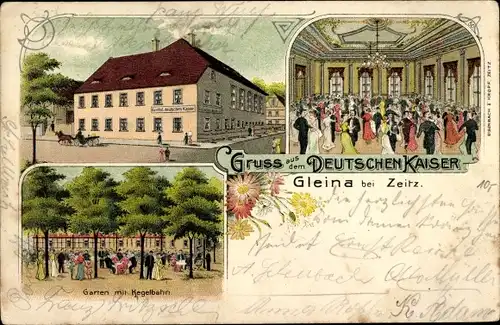 Litho Gleina bei Zeitz Elster, Deutscher Kaiser-Tanzsaal, Garten mit Kegelbahn