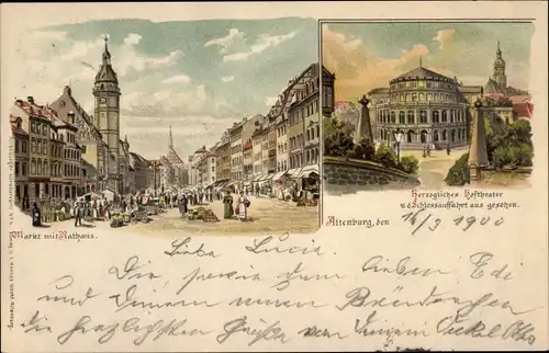 Litho Altenburg in Thüringen, Markt mit Rathaus, herzogliches Hoftheater