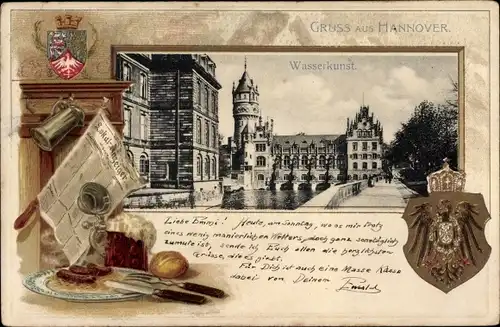 Wappen Litho Hannover in Niedersachsen, Wasserkunst, Zeitung, Bierkrug, Würstchen