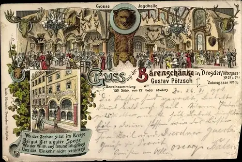 Litho Dresden Altstadt, Gasthaus Bärenschänke, Große Jagdhalle, Geweihsammlung, Gedicht, Webergasse