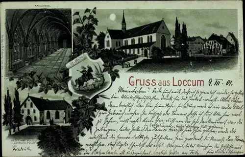 Mondschein Litho Rehburg Loccum in Niedersachsen, Georgskapelle, Kreuzgang