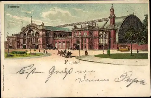 Litho Hansestadt Bremen, Blick auf den Bahnhof, Vorplatz mit Kutsche und Reisenden, Bahnwaggon