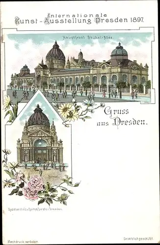 Litho Dresden Altstadt, Internationale Kunstausstellung 1897, Hauptfront Stübel Allee, Kunstanstalt