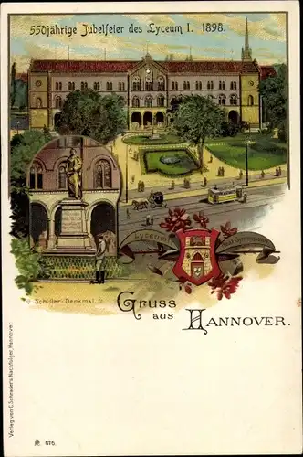 Litho Hannover in Niedersachsen, Realgymnasium Lyceum, Schillerdenkmal, Straßenbahn, Wappen