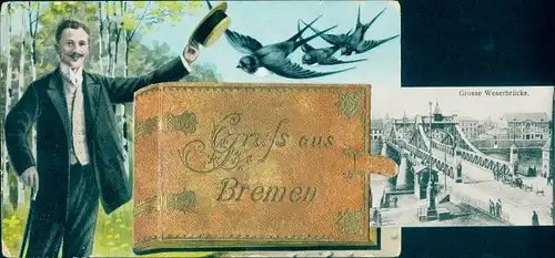 Leporello Ak Bremen, Große Weserbrücke, Mann, Schwalben