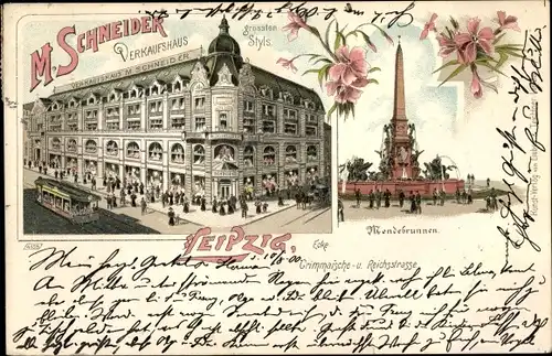 Litho Leipzig in Sachsen, Grimmaische und Reichsstraße, Verkaufshaus M. Schneider, Brunnen