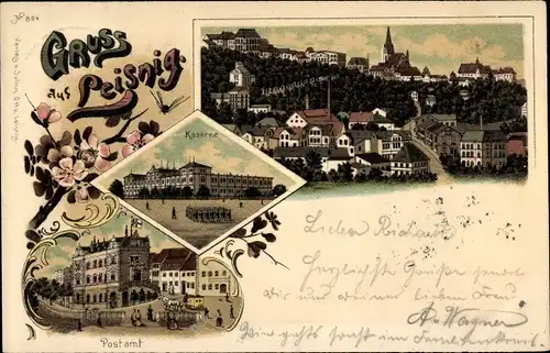 Litho Leisnig an der Freiberger Mulde Sachsen, Kaserne, Postamt, Panoramablick auf die Stadt