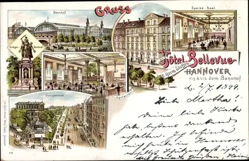 Litho Hannover in Niedersachsen, Hotel Bellevue, Bahnhof, Georgstraße, Kriegerdenkmal