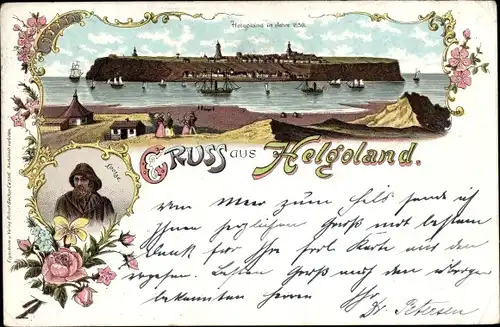 Litho Nordseeinsel Helgoland, Blick aus der Ferne, Seemann