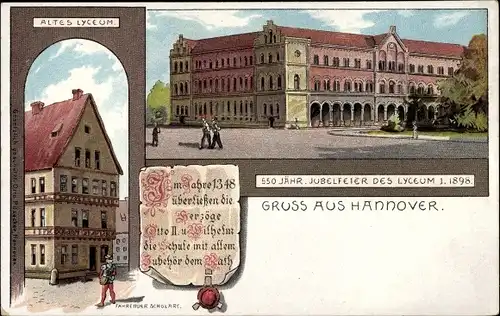 Litho Hannover Niedersachsen, 550jährige Jubelfeier des Lyceum 1, 1898, fahrender Scholar