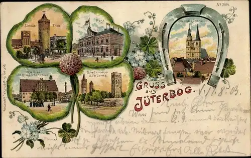 Litho Jüterbog in Brandenburg, Zinnaer Tor, Post, Nikolaikirche, Rathaus, Kriegerdenkmal, Stadtmauer