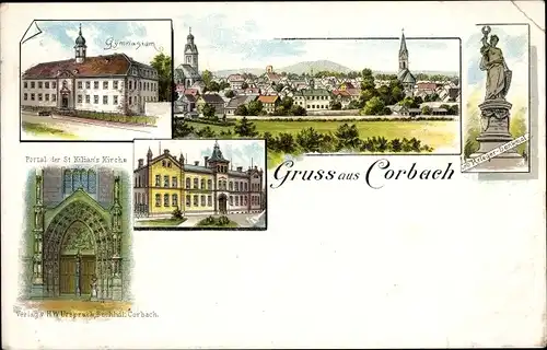 Litho Corbach Korbach in Hessen, Panorama, Gymnasium, Portal St. Kilians Kirche, Anstalt, Denkmal