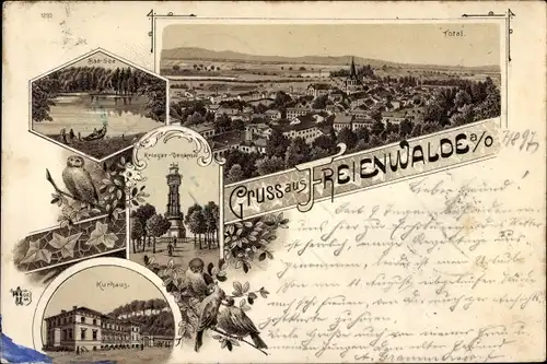 Litho Bad Freienwalde an der Oder, Baasee, Kriegerdenkmal, Kurhaus, Gesamtansicht, Vögel