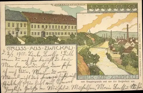 Litho Zwickau in Sachsen, Ingenieurschule, Blick vom Knappengrunde und von den Bergkellern