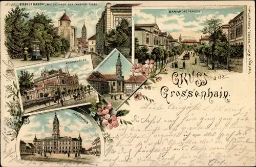 Litho Großenhain in Sachsen, Poststraße, Rathaus, Postgebäude, Bahnhofstraße, Stadthauptkirche