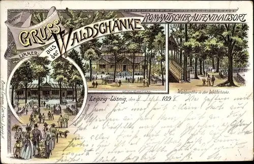 Litho Lößnig Leipzig in Sachsen, Waldschänke, Gesellschaftssaal, Waldpartie