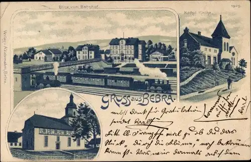 Litho Bebra an der Fulda Hessen, Blick vom Bahnhof, Katholische Kirche, Evangelische Kirche