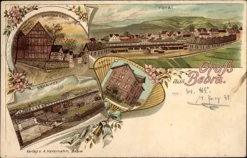 Litho Bebra an der Fulda in Hessen, Totalansicht vom Ort, Breitenbach, Bahnhof, Hotel Schlüter