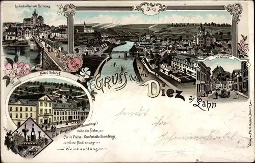 Litho Diez an der Lahn, Lahnbrücke, Schloss, Hotel, Weinhandlung