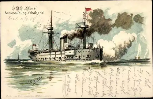 Künstler Litho Siehl, Deutsches Kriegsschiff, SMS Mars, Kreuzerkorvette, Schießübung