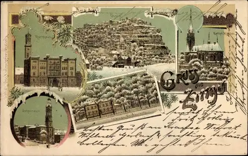 Litho Zittau in Sachsen, Rathaus, Katholische Kirche