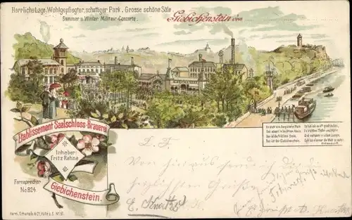 Litho Giebichenstein Halle an der Saale, Etablissement Saalschloss-Brauerei, Stadtansicht